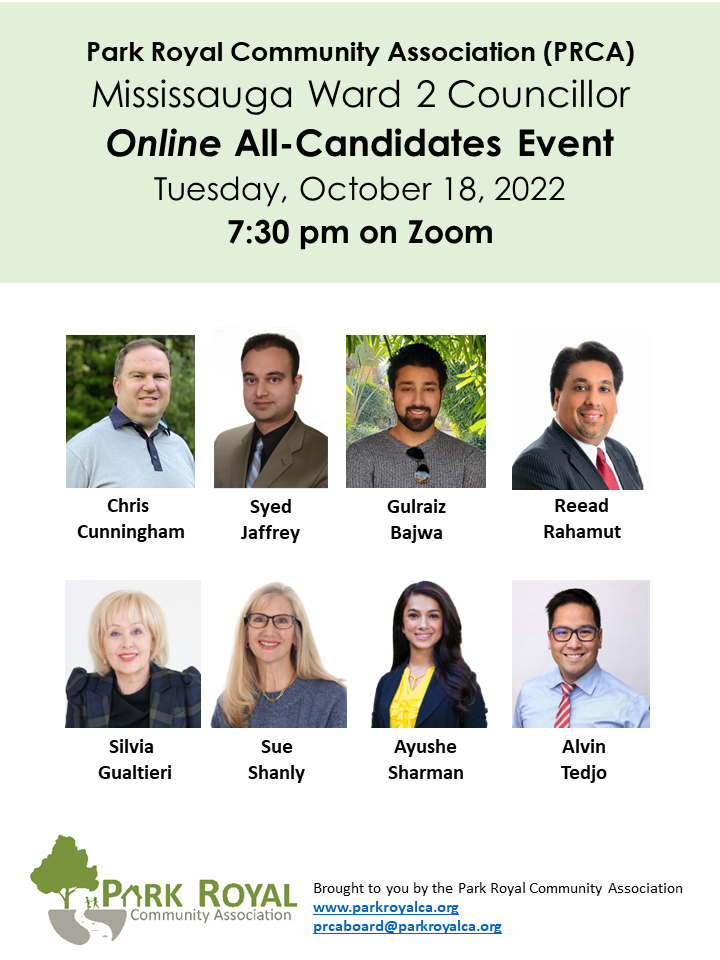 Flyer for the PRCA Ward 2 Councillor All-Candidates Online Event