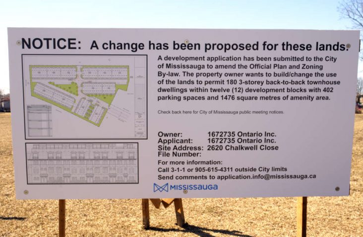 A development application has been submitted to the City of Mississauga to amend the Official Plan and Zoning By-law. The property owner wants to build/change the use of the lands to permit 180 3-storey back-to-back townhouse dwellings within twelve (12) development blocks with 402 parking spaces and 1476 square metres of amenity area.